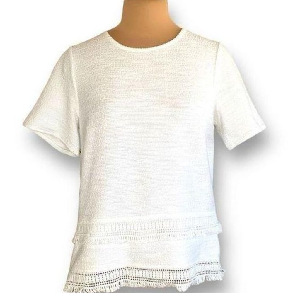 Banana Republic White Tweed Boucle Ladder Lace Fringe Hem Top